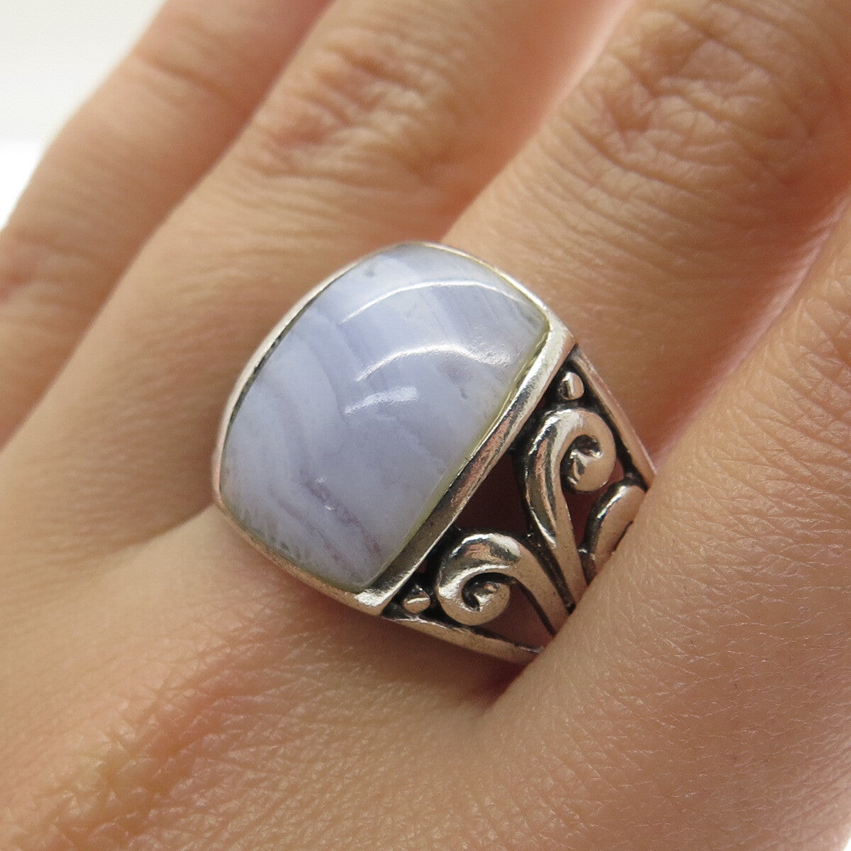 925 Sterling Silver Vintage Real Blue Lace Agate Gemstone Ring Size 8
