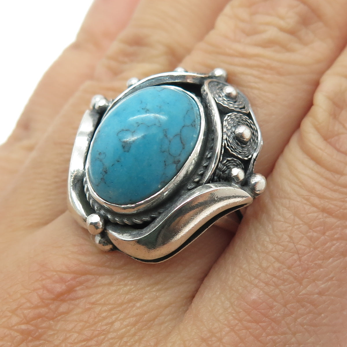 925 Sterling Silver Vintage Bisbee Turquoise Filigree Oxidized Ring Size 8.75