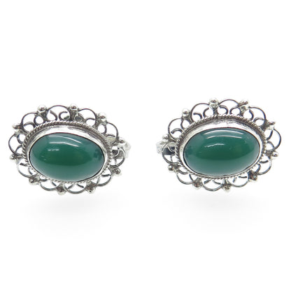 925 Sterling Silver Vintage Mexico Real Green Onyx Floral Screw Back Earrings