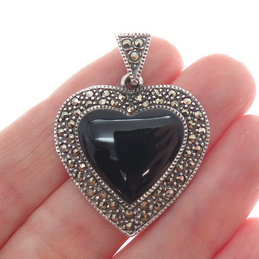 CHARLES WINSTON 925 Sterling Silver Vintage Black Onyx & Marcasite Gem Pendant