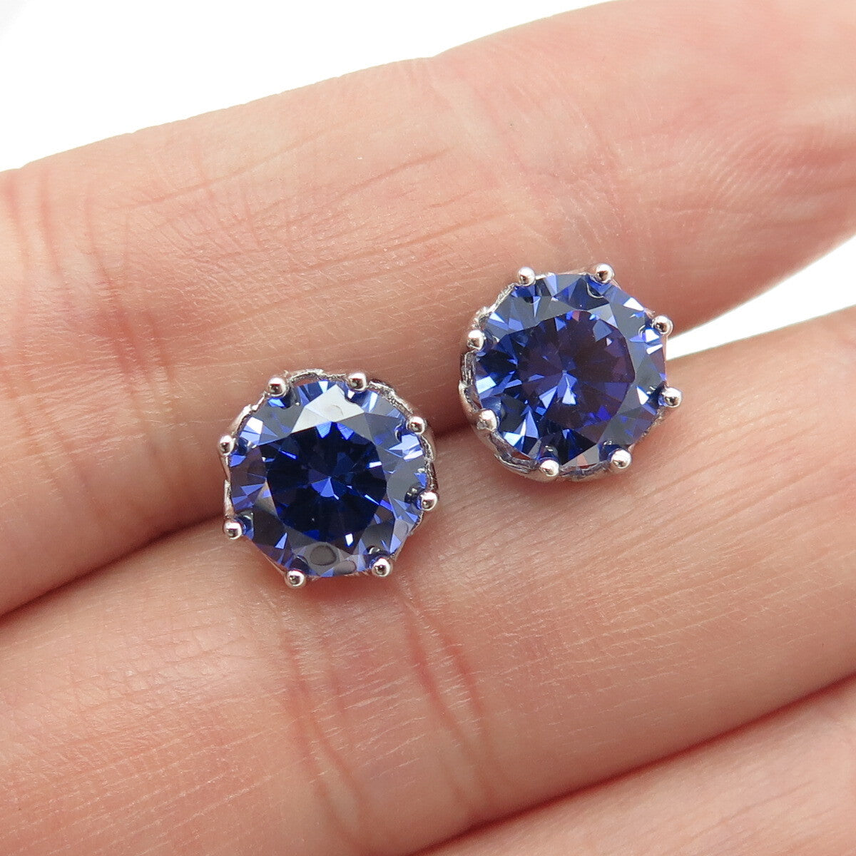 925 Sterling Silver Round-Cut Blue C Z Crown Stud Earrings