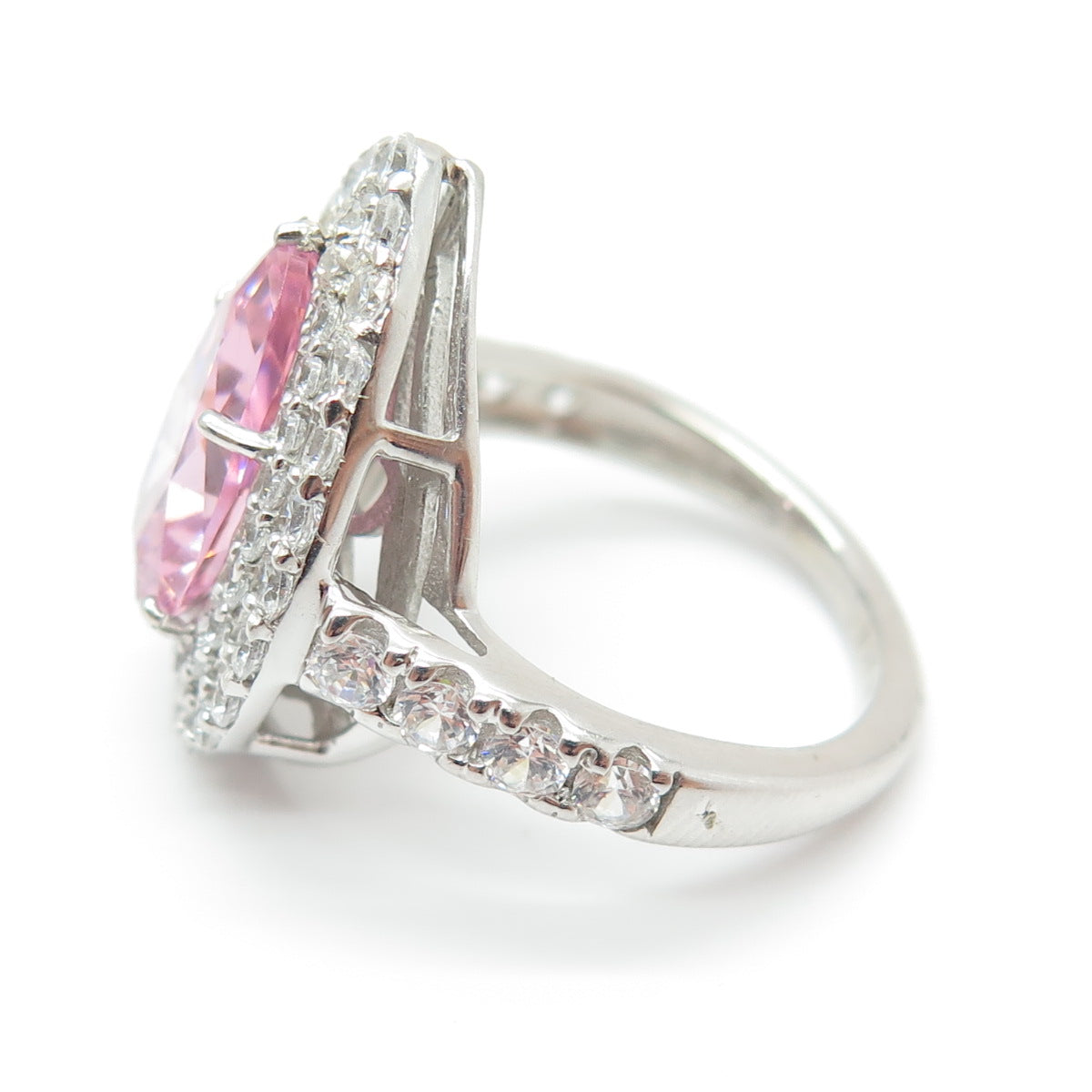 925 Sterling Silver Pear & Round-Cut Pink White C Z Promise Ring Size 7.75