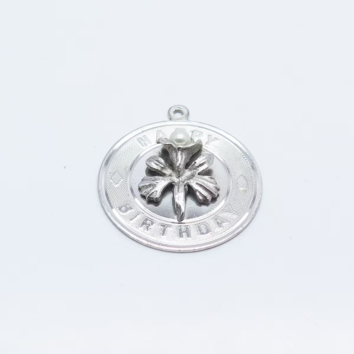 925 Sterling Silver Vintage Real Pearl "Happy Birthday" Floral Pendant
