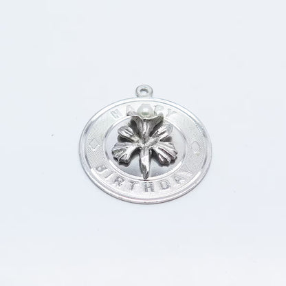925 Sterling Silver Vintage Real Pearl "Happy Birthday" Floral Pendant