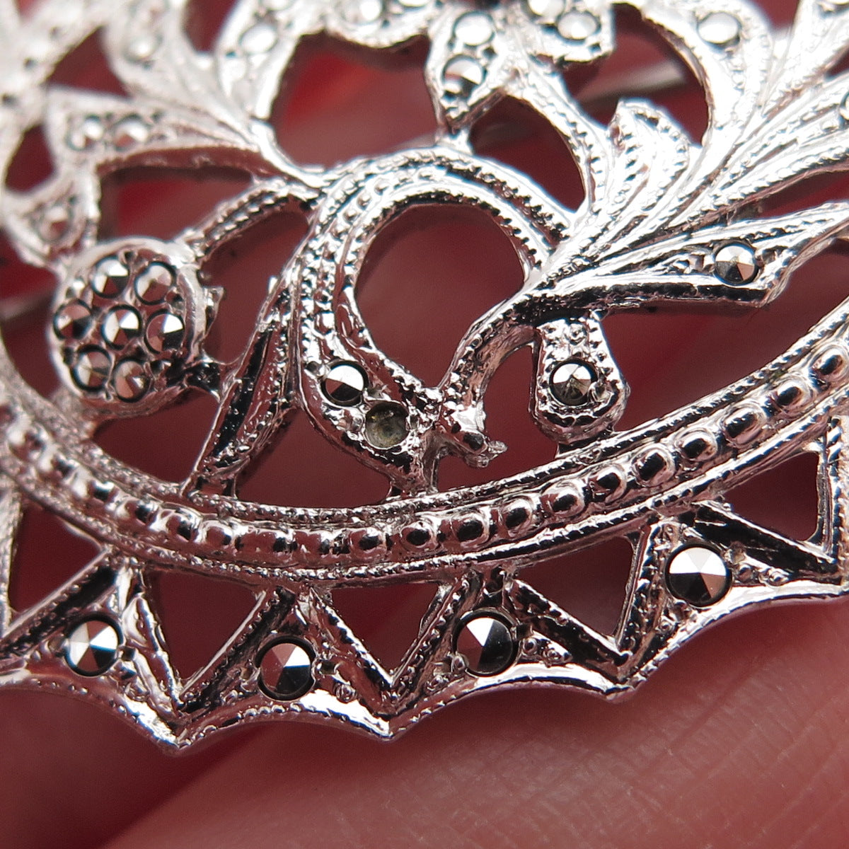 925 Sterling Silver Antique Art Deco Marcasite Flower Brooch (missing 1 stone)