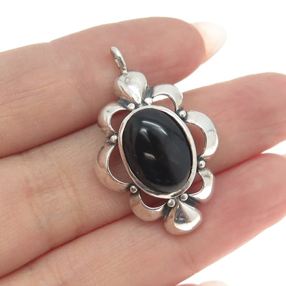 MORNING SUN 925 Sterling Silver Vintage Real Black Onyx Floral Pendant