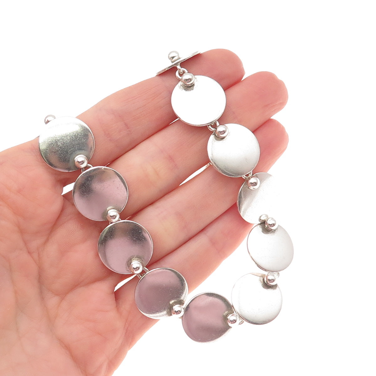 N.E. FROM 925 Sterling Silver Vintage Denmark Modernist Disc Chain Necklace 14"