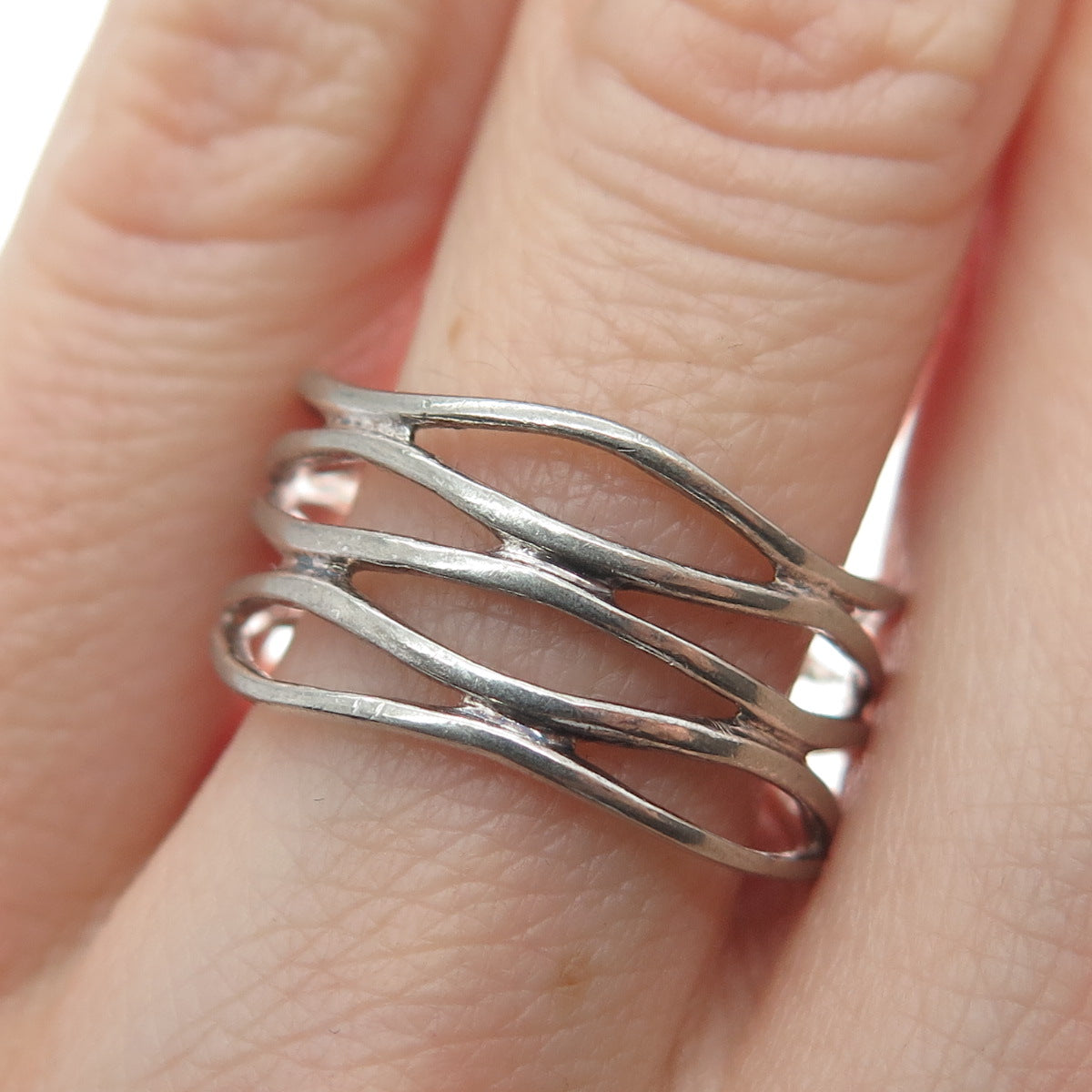 925 Sterling Silver Vintage Multi-Strand Modernist Oxidized Ring Size 7.75