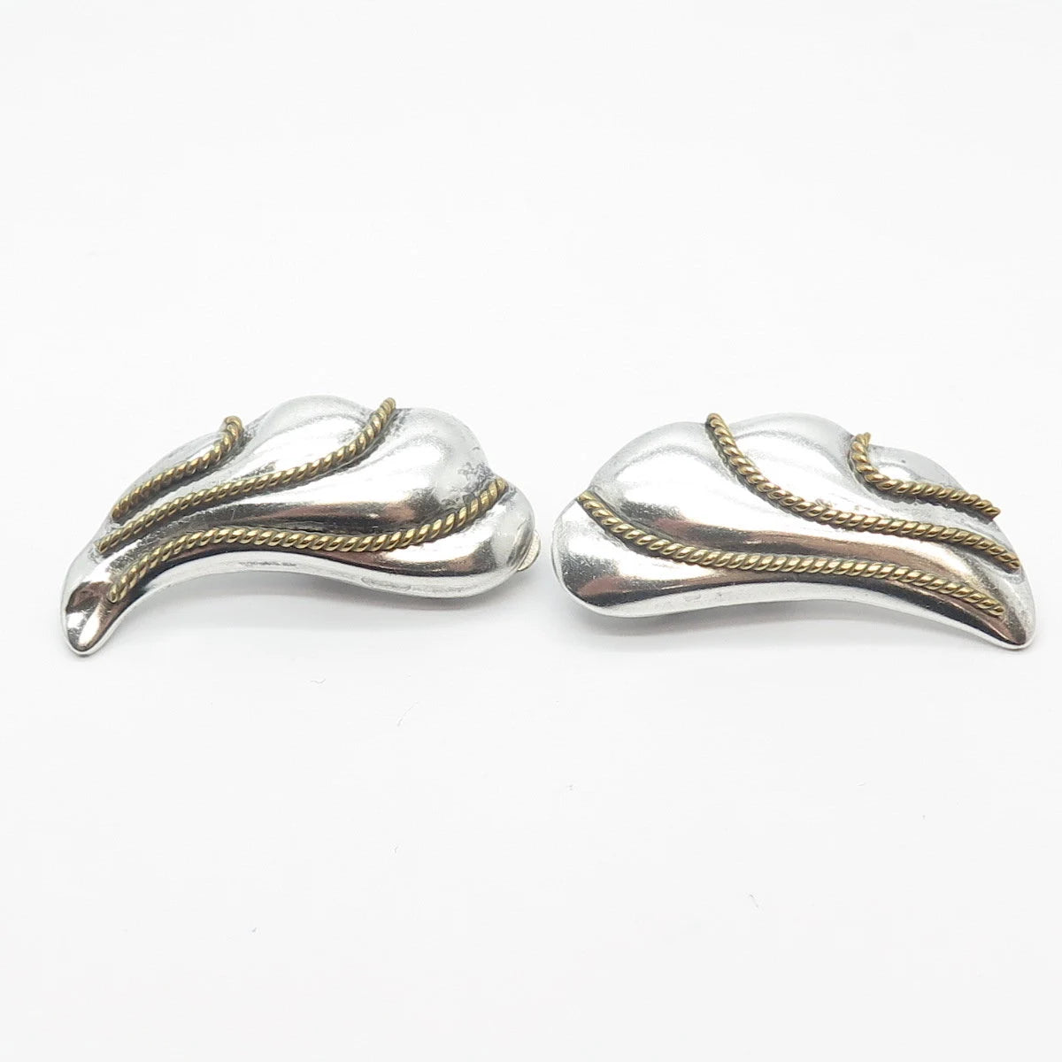 925 Sterling Silver 2-Tone Vintage Mexico Twisted Modernist Clip On Earrings