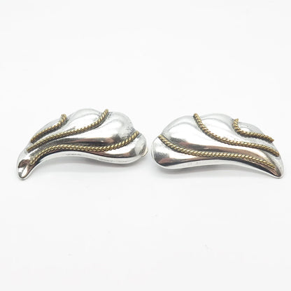 925 Sterling Silver 2-Tone Vintage Mexico Twisted Modernist Clip On Earrings