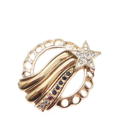 925 Sterling Silver Gold Plated Vintage Real Diamond Sapphire & Ruby Star Brooch