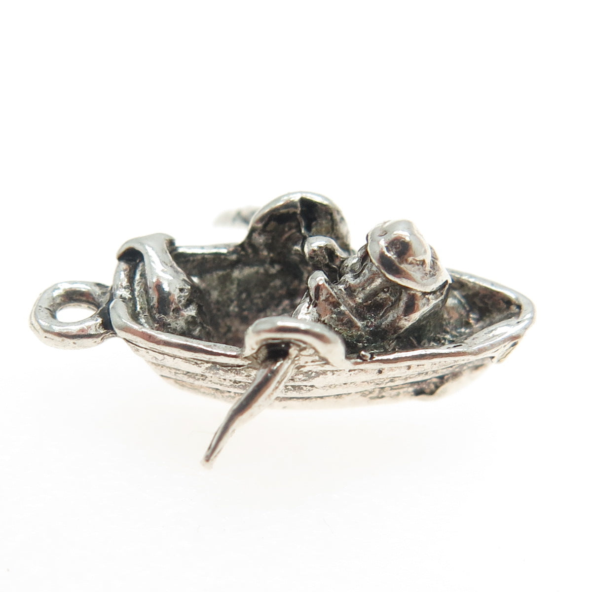 925 Sterling Silver Vintage Fisher on Boat 3D Charm Pendant