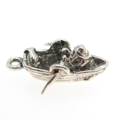 925 Sterling Silver Vintage Fisher on Boat 3D Charm Pendant