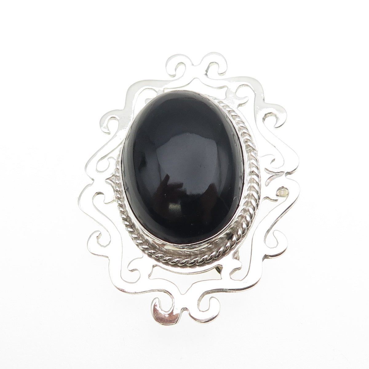 925 Sterling Silver Vintage Mexico Real Black Onyx Swirl Pin Brooch / Pendant
