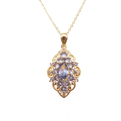 925 Sterling Silver Gold Plated Real Tanzanite & White Topaz Chain Necklace 18"