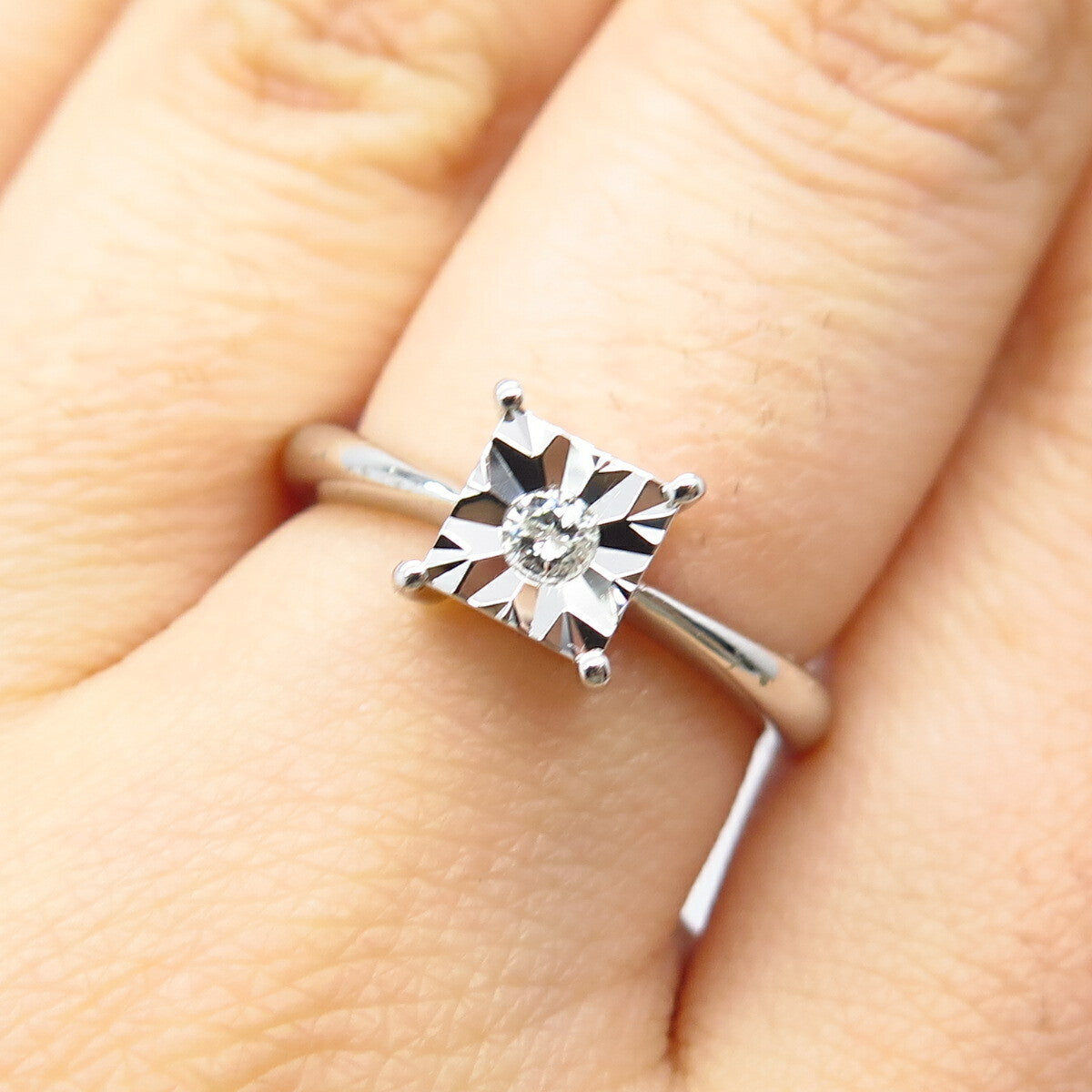 925 Sterling Silver SUN Real White Diamond Ring Size 7