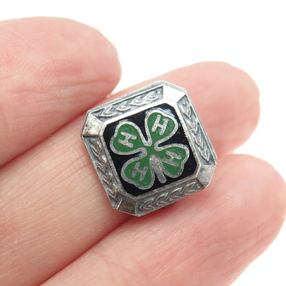 925 Sterling Silver Vintage Enamel 4-H Club Membership Achievement Pin Brooch