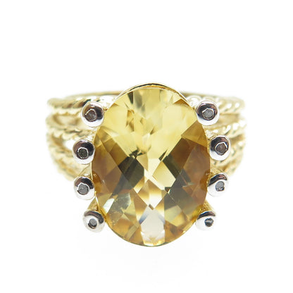 925 Sterling Silver Gold Plated Real Diamond & Citrine Gem Twisted Ring Size 7