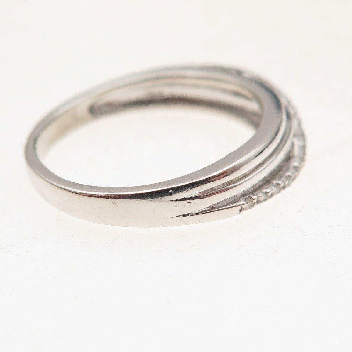 925 Sterling Silver Real Round-Cut Diamond Crisscross Ring Size 6.5