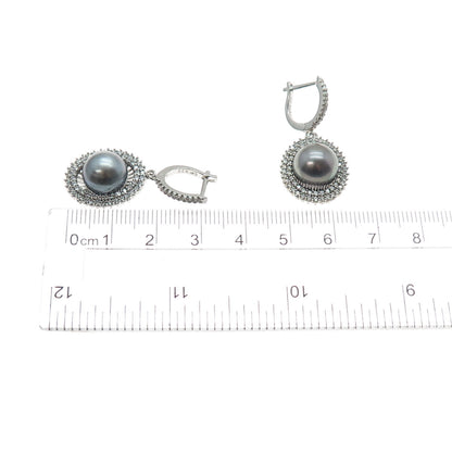 925 Sterling Silver Real Tahitian Pearl & C Z Dangle Earrings