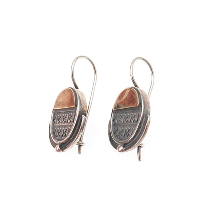 925 Sterling Silver 2-Tone Vintage Modernist Heart Ornate Oxidized Earrings