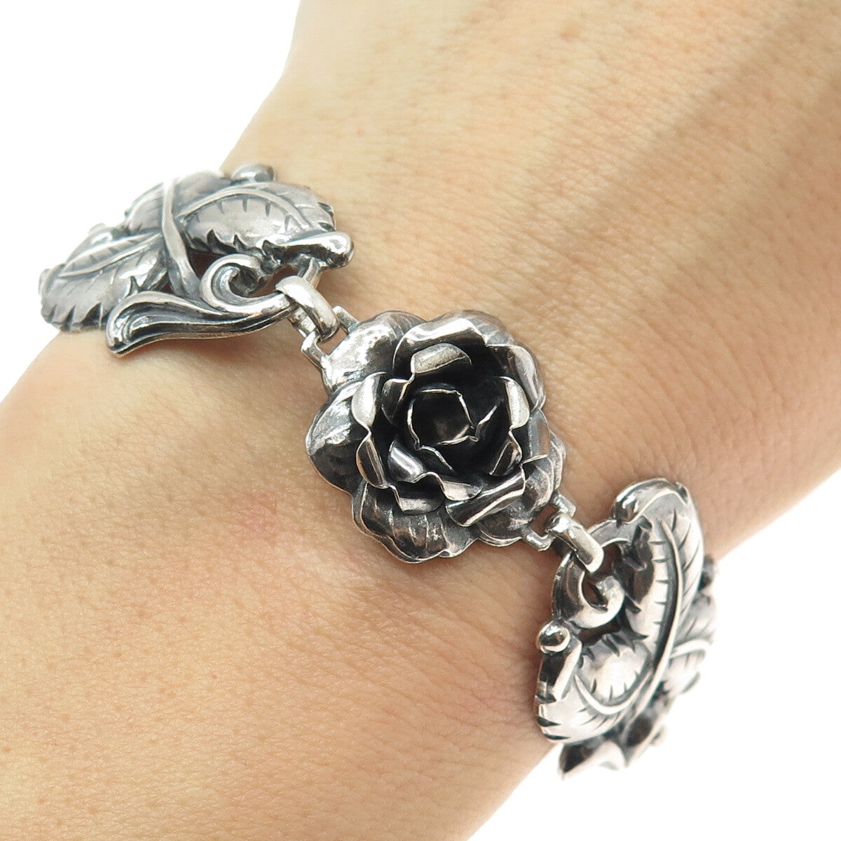 925 Sterling Silver Antique Art Deco Rose Flower Oxidized Bracelet 7.25"
