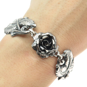 925 Sterling Silver Antique Art Deco Rose Flower Oxidized Bracelet 7.25"