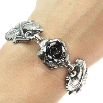 925 Sterling Silver Antique Art Deco Rose Flower Oxidized Bracelet 7.25"