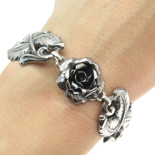 925 Sterling Silver Antique Art Deco Rose Flower Oxidized Bracelet 7.25"