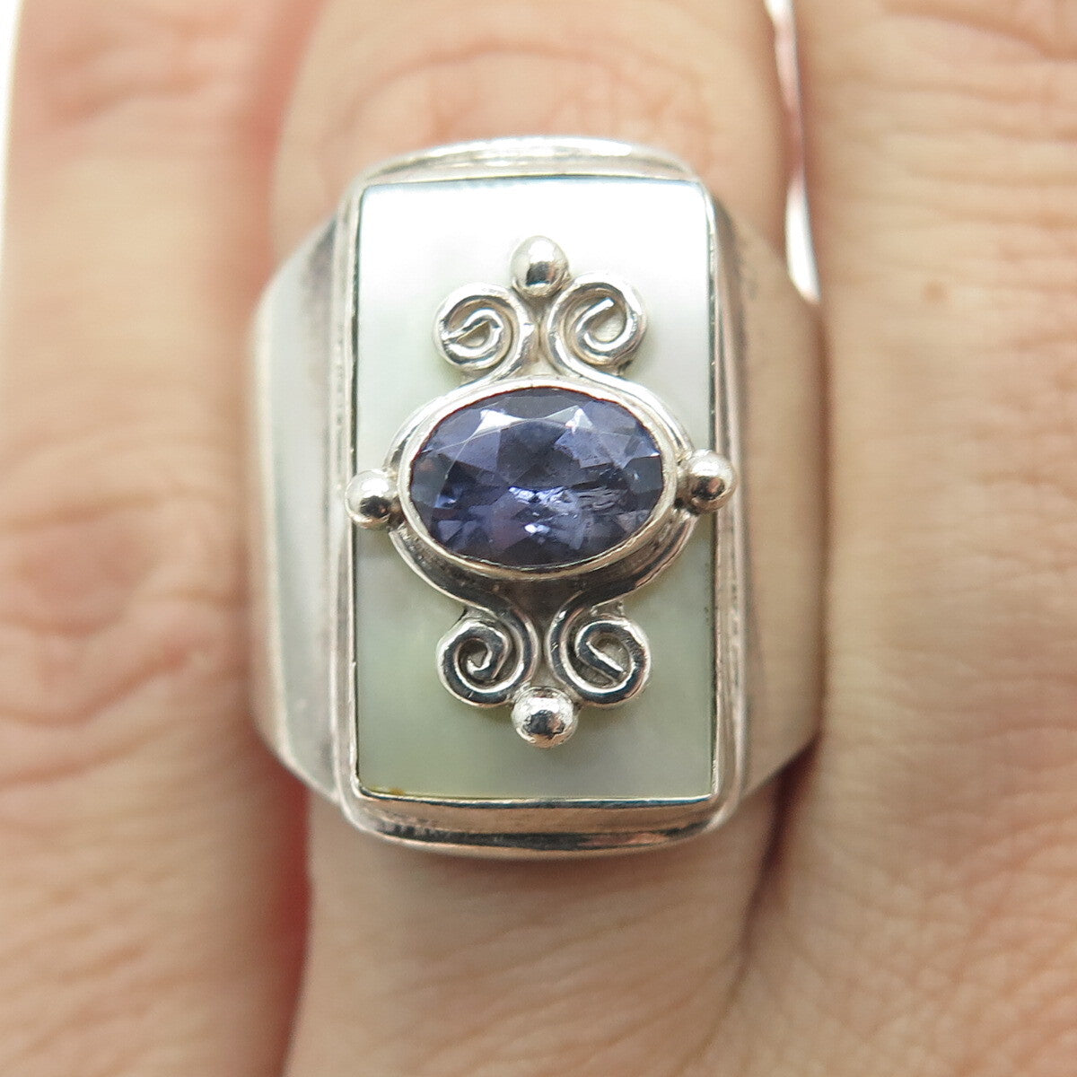 SAJEN 925 Sterling Silver Vintage Real Iolite MOP Swirl Adjustable Ring Size 6.5