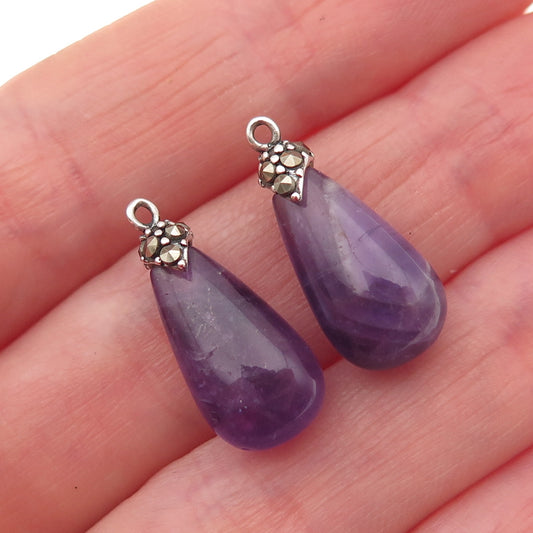 925 Sterling Silver Vintage Real Amethyst & Marcasite Teardrop Jacket Earrings