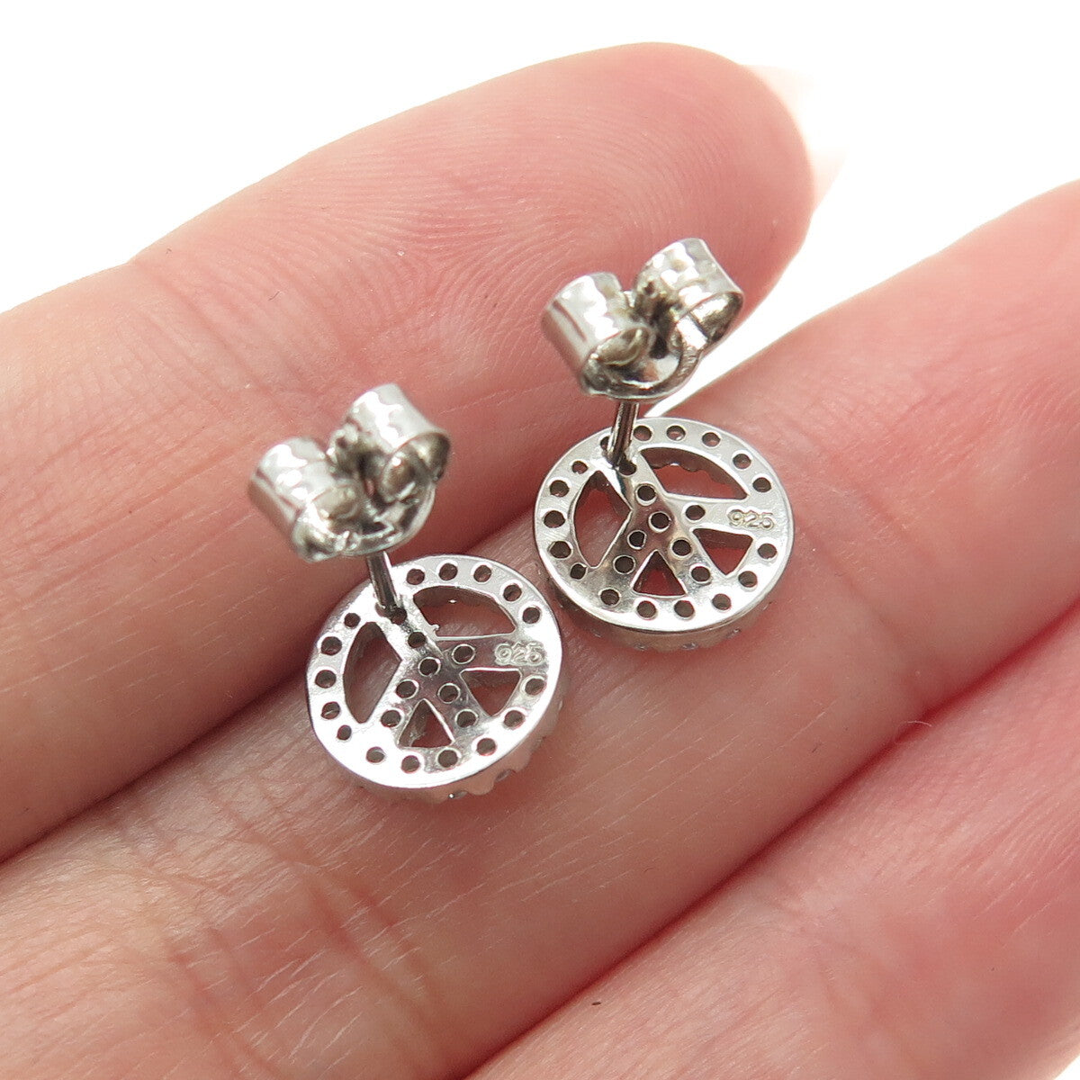 925 Sterling Silver Round-Cut C Z Peace Symbol Stud Earrings
