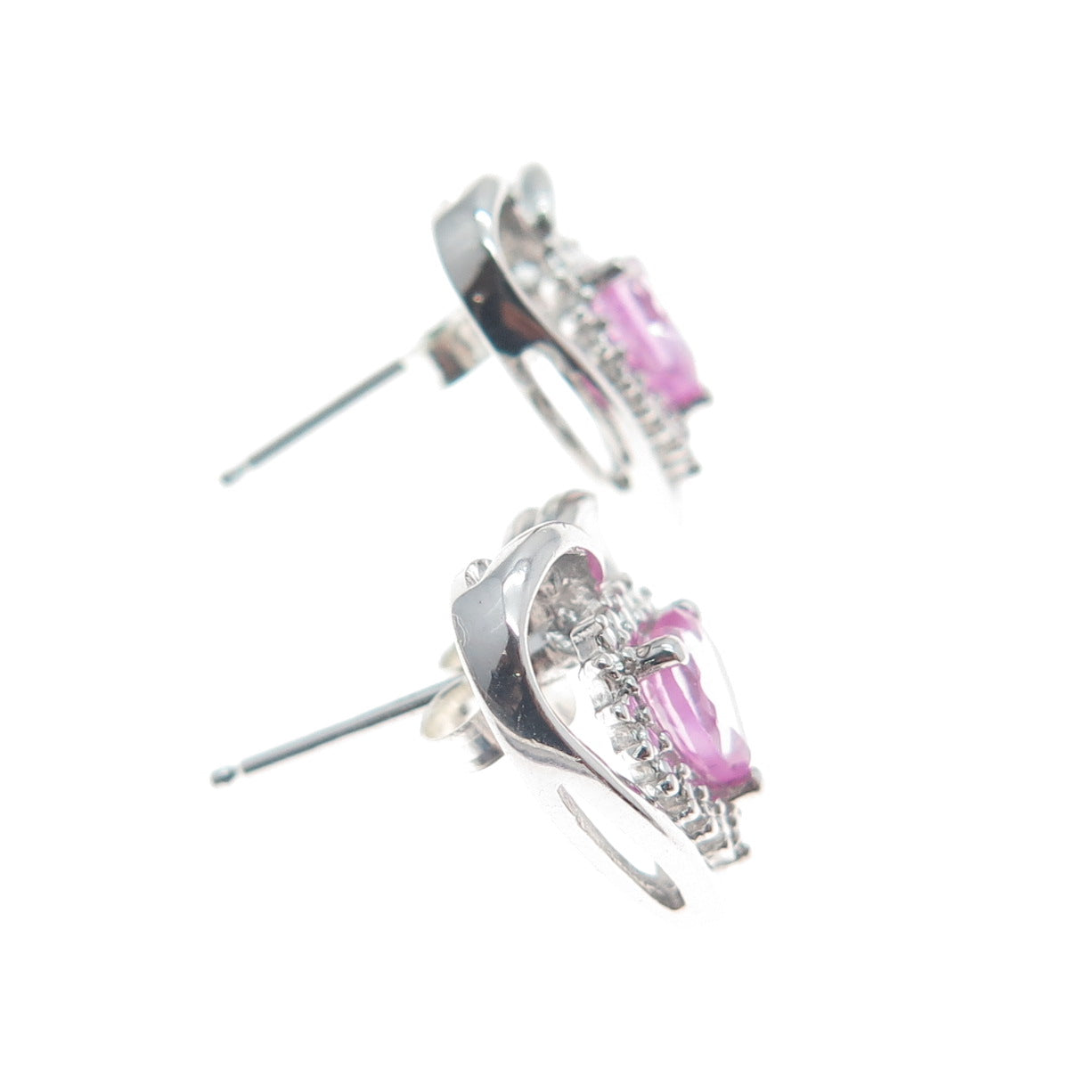 SUN 925 Sterling Silver Real Pink Sapphire Heart Stud Earrings