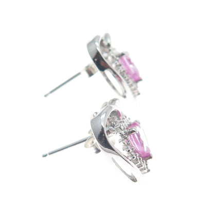 SUN 925 Sterling Silver Real Pink Sapphire Heart Stud Earrings
