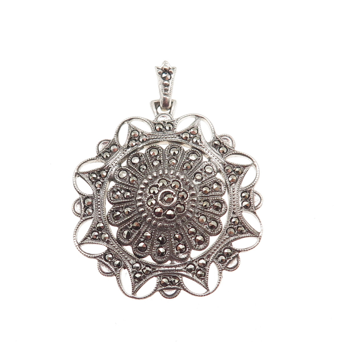 KD Kimler & Daniel 925 Sterling Antique Art Deco Real Marcasite Floral Pendant