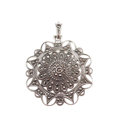 KD Kimler & Daniel 925 Sterling Antique Art Deco Real Marcasite Floral Pendant