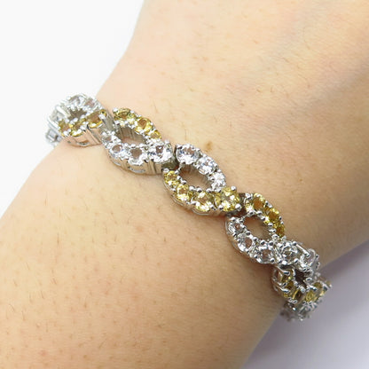 925 Sterling Silver Real White Topaz & Citrine Gem Tennis Link Bracelet 7"