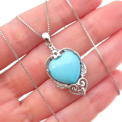 925 Sterling Silver Real Sleeping Beauty Turquoise Heart Chain Necklace 18-20"