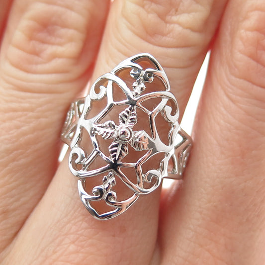 925 Sterling Silver Vintage Ornate Floral Cross Ring Size 8