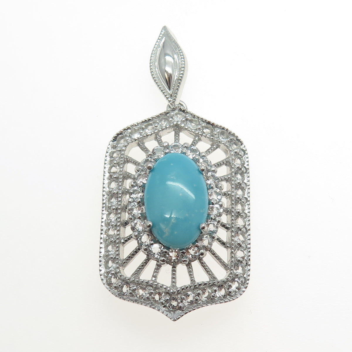 925 Sterling Silver Real White Topaz & Turquoise Bohemian Pendant