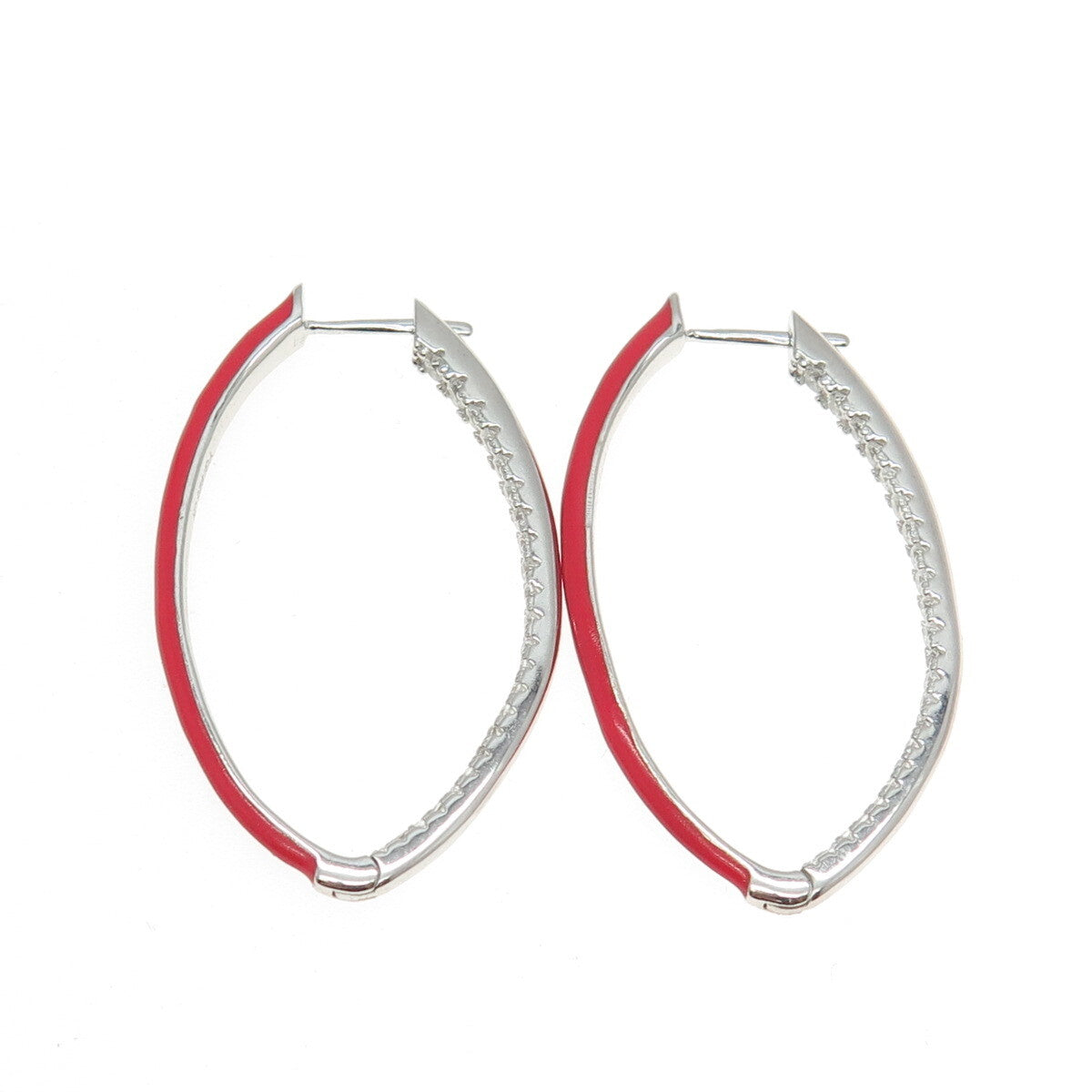 925 Sterling Silver Pave C Z & Red Enamel Hinged Oval Earrings