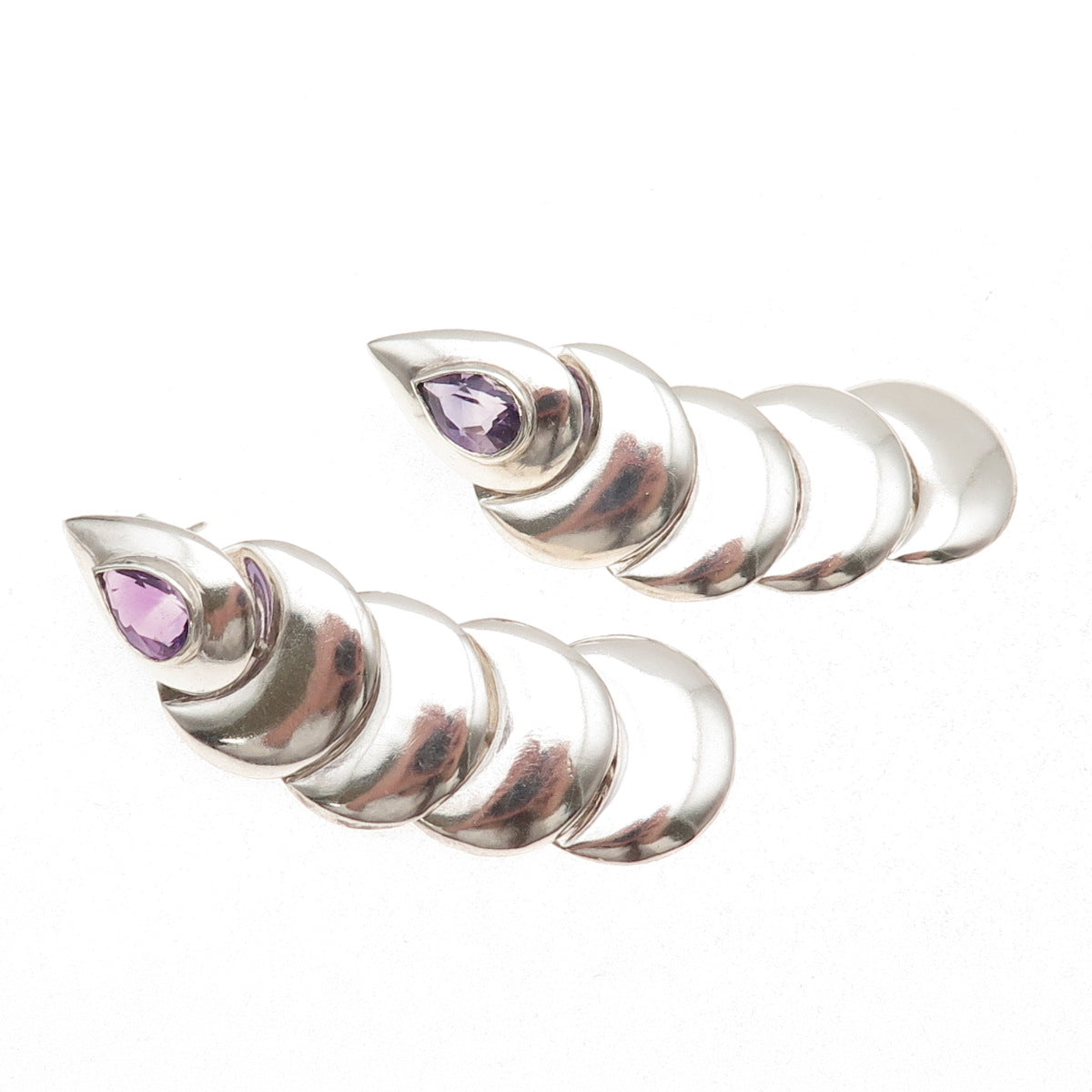 925 Sterling Silver Vintage Real Amethyst Modernist Oxidized Dangle Earrings