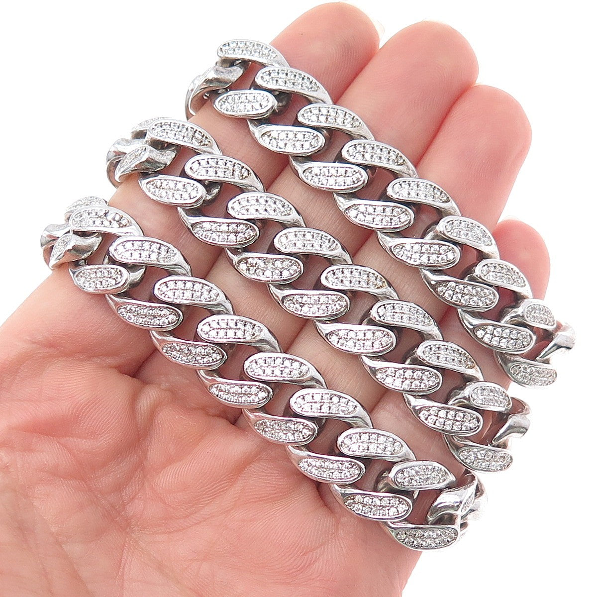 925 Sterling Silver REL Round-Cut C Z Heavy 155.8g Cuban Chain Necklace 22"