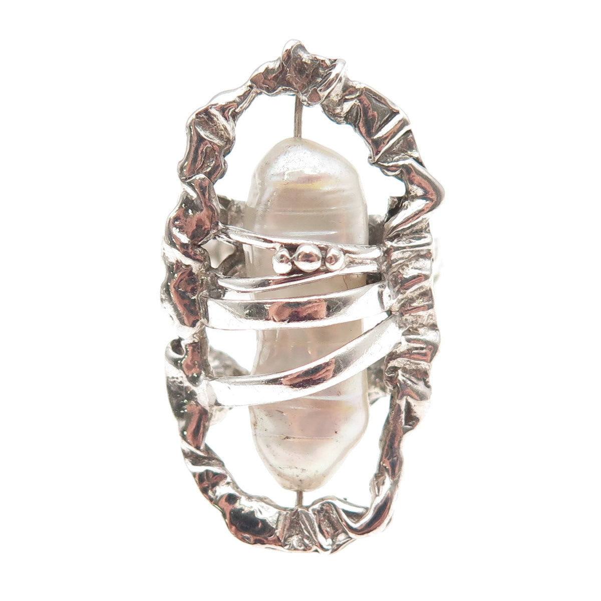 925 Sterling Silver Vintage Real Baroque Pearl Modernist Ring Size 8