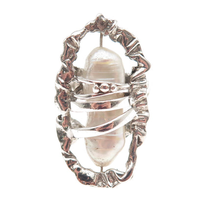 925 Sterling Silver Vintage Real Baroque Pearl Modernist Ring Size 8