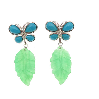 925 Sterling Silver Real Turquoise & Jade Butterfly Floral Dangle Earrings