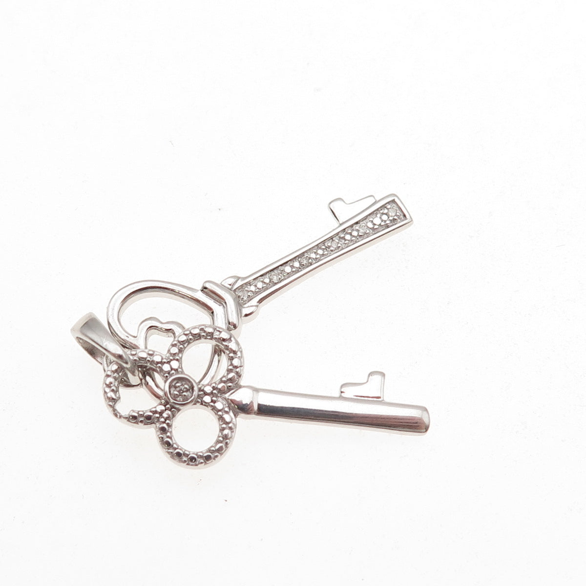 925 Sterling Silver Real Round-Cut Diamond Heart & Club Key Charm Pendant
