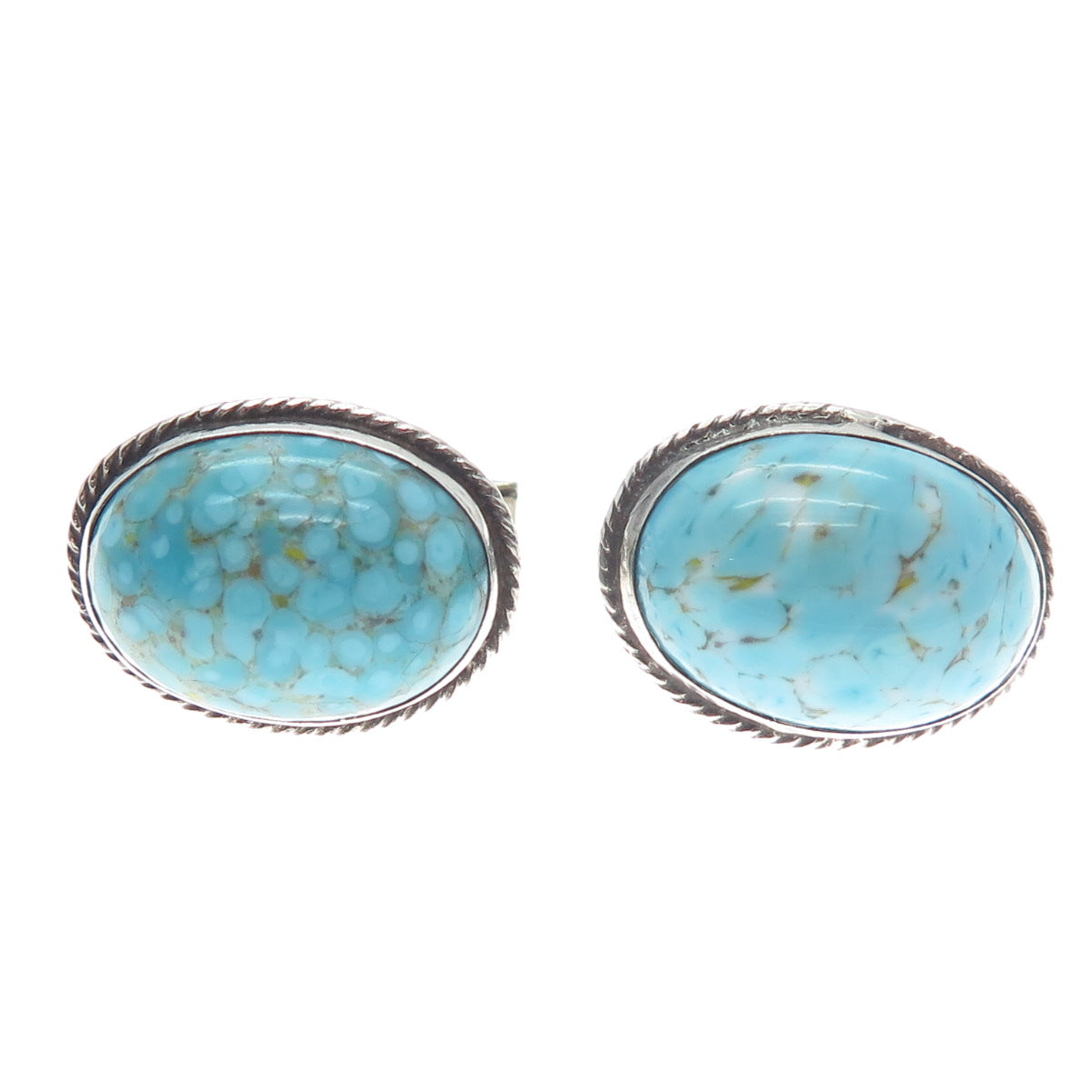 925 Sterling Silver Vintage Mexico Faux Turquoise Oxidized Cufflinks