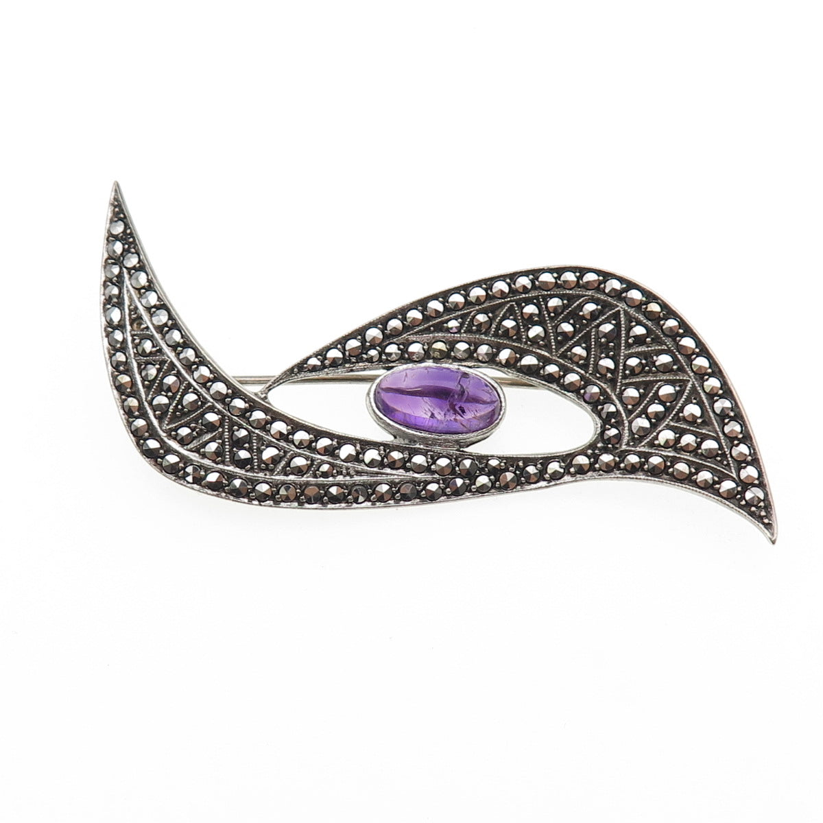 935 Silver Antique Art Deco Real Amethyst & Marcasite Oxidized Pin Brooch