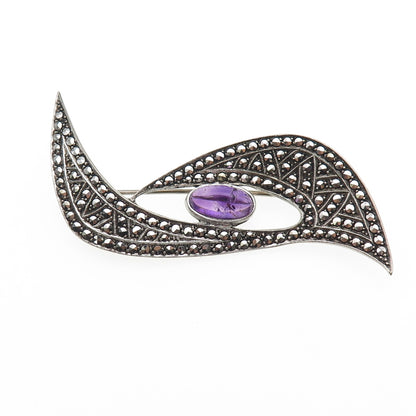 935 Silver Antique Art Deco Real Amethyst & Marcasite Oxidized Pin Brooch